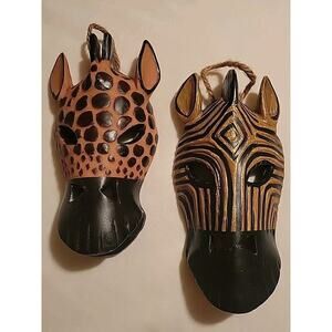 2 Vintage Ebony/Wood Carved African Kenya Zebra & Giraffe Masks, Wall Decor